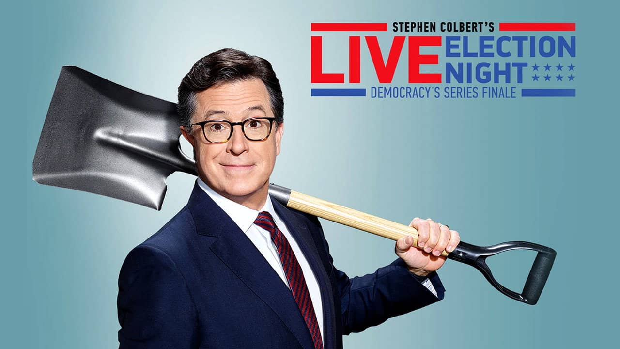 Stephen Colbert's Live Election Night Democracy's Series Finale backdrop