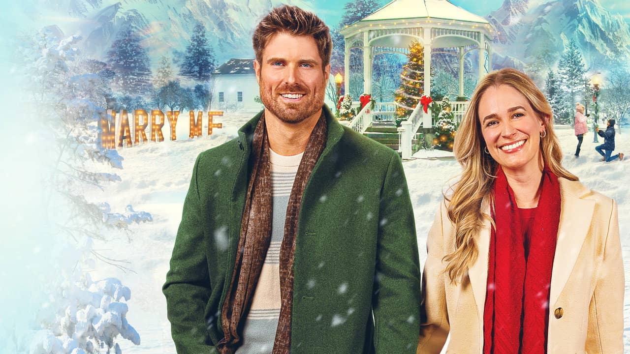 Engaged by Christmas backdrop